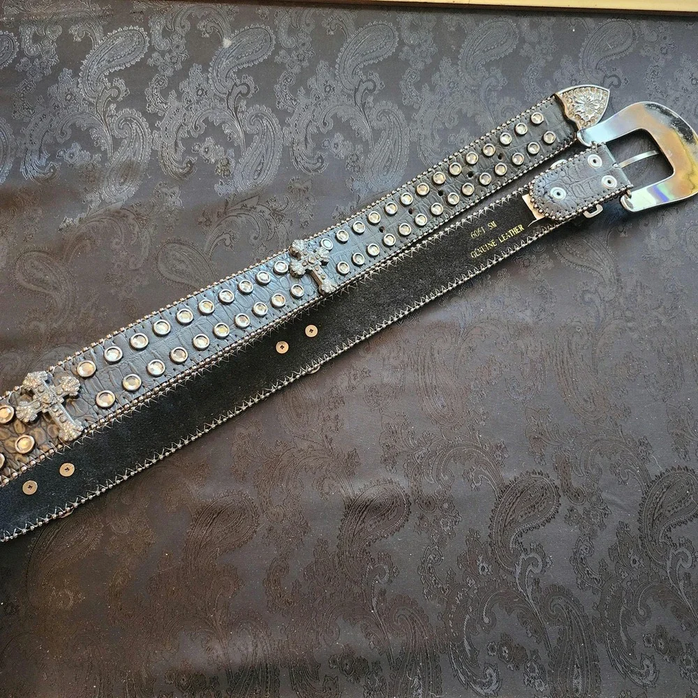 Womens Black Leather Western Bling Cross Rhinestone Belt M/L 32-35 6061SM